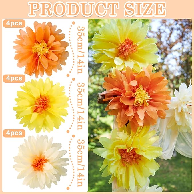 12 Pcs Daisy Tissue Paper Pom Poms Fall Party Decorations Orange Yellow Tissue - Image 2