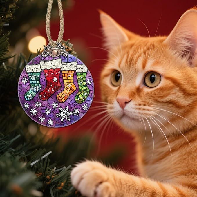 Stained Glass Christmas Decorations, Colorful Stockings Purple Suncatcher - Image 5