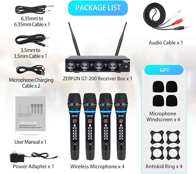 4 Channel Rechargeable Wireless Microphone System, Pro UHF Metal Handheld - Image 7