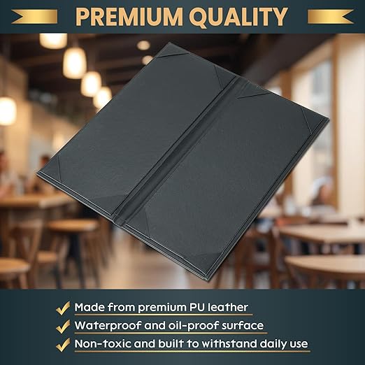 12 Pack 2 View Menu Holder Menu Covers 4.25" x 11" | Black Leather Menu Sleeves - Image 3