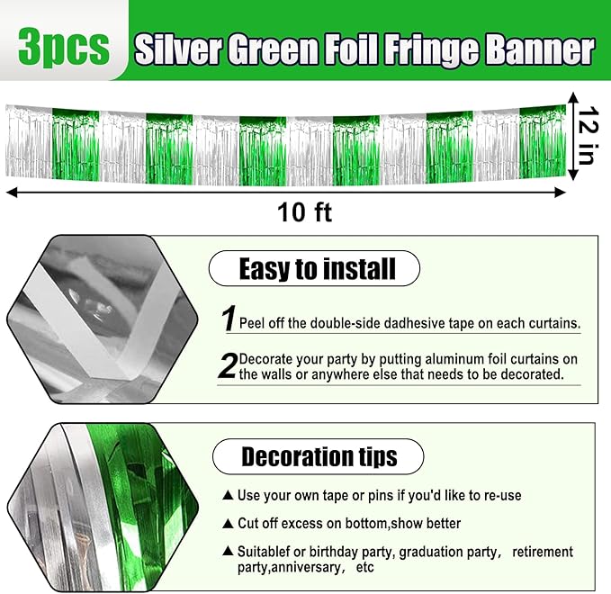 3 Pack 10 Feet Silver Green Foil Fringe Garland Metallic Tinsel Streamers - Image 2