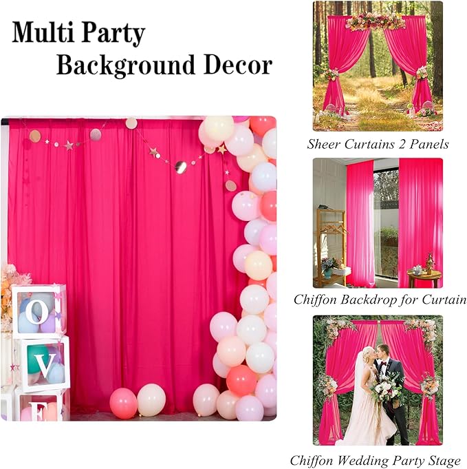 DUOBAO Hot Pink Chiffon Curtains 2 Panels 58 Inch by 120 Inches Fuchsia Wedding - Image 4