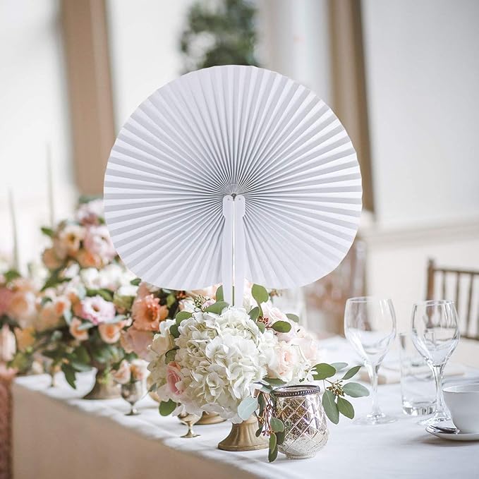 ZWIN 60PCS White Wedding Fans Round Folding Paper Fans Plastic Handle Pocket - Image 6