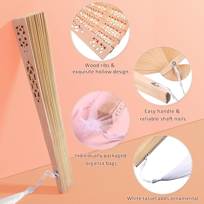 Qunclay 60Pcs Wooden Hand Fans Folding Wedding Fans - Image 6