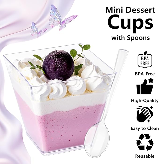 YOUBET 102 PCS Plastic Dessert Cups - 8oz Clear Square Cups - 51 Pack Mini - Image 5