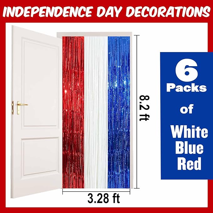 6 Pack White Blue Red Foil Fringe Curtains Backdrop, 3.28 x 8.2 Ft Metallic - Image 2