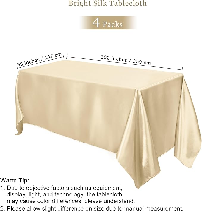 TURSTIN 4 Packs Champagne Satin Tablecloth 102 x 58 Inch Overlay Satin Table - Image 2