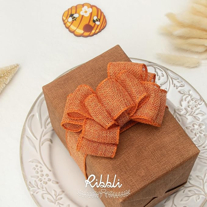 Ribbli Orange Burlap Wired Ribbon, 1-1/2 Inch x 10 Yard, Wired Edge Ribbon - Image 2