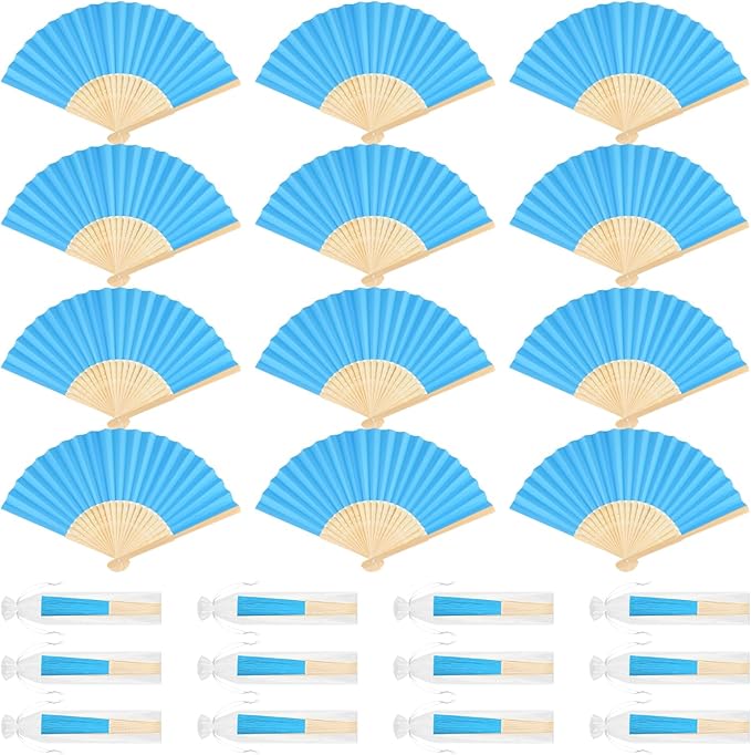 12 Pieces Blue Hand Held Bamboo Folding Fans Paper Fans Handheld by Bringsparkletoeverydaylife