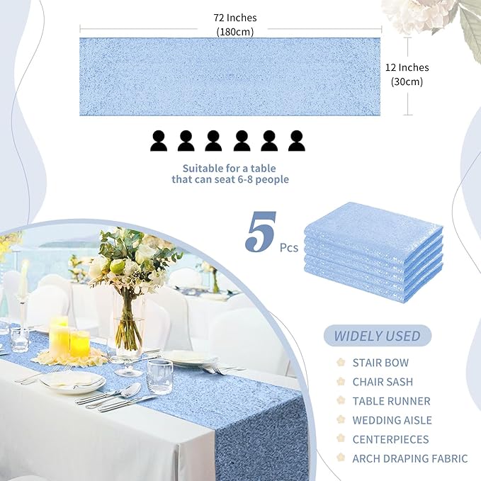 Sequin Table Runners 5 Pieces Baby Blue Table Runners 12x72 Inch Glitter Table - Image 4