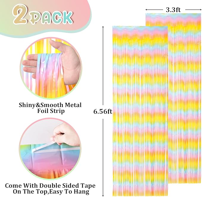 2 Pack Pastel Rainbow Foil Fringe Backdrop Curtains, Tinsel Streamers Birthday - Image 2