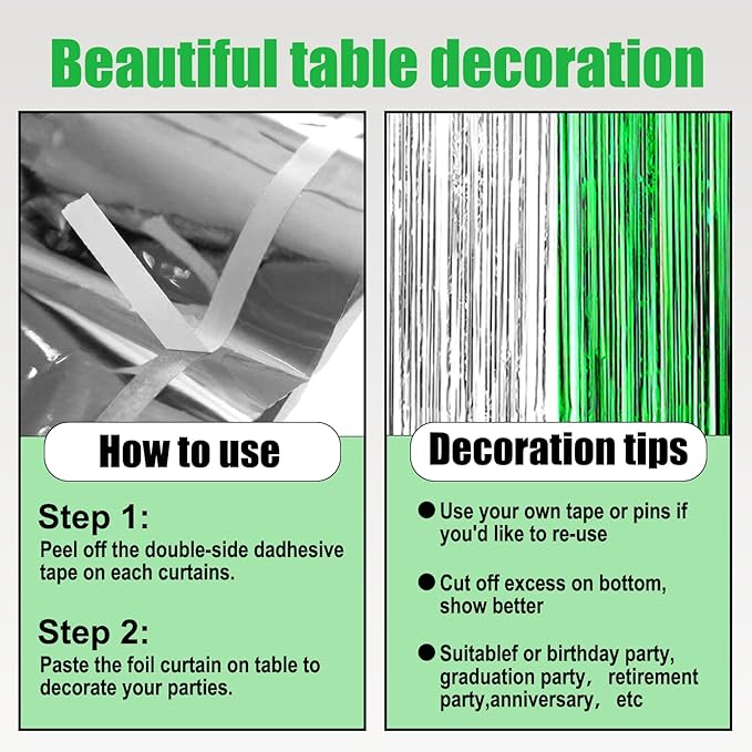 3 Pack 29 x108 Inch Silver Green Foil Fringe Table Skirts Metallic Banner - Image 3