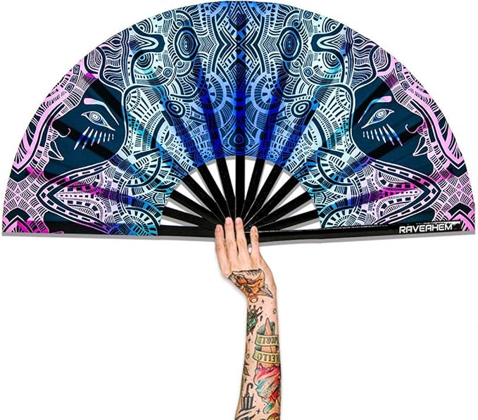 UV Glow Rave Fan, Bamboo Folding Clack Hand Fans Foldable by Raveahem