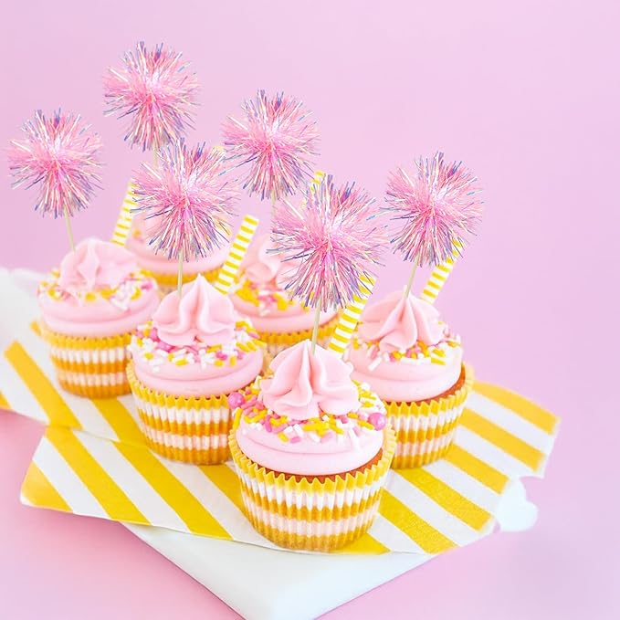 Ephlyn 30Pcs Foil Firework Cupcake Toppers Sparkle Tinsel Cupcake Picks Happy - Image 5