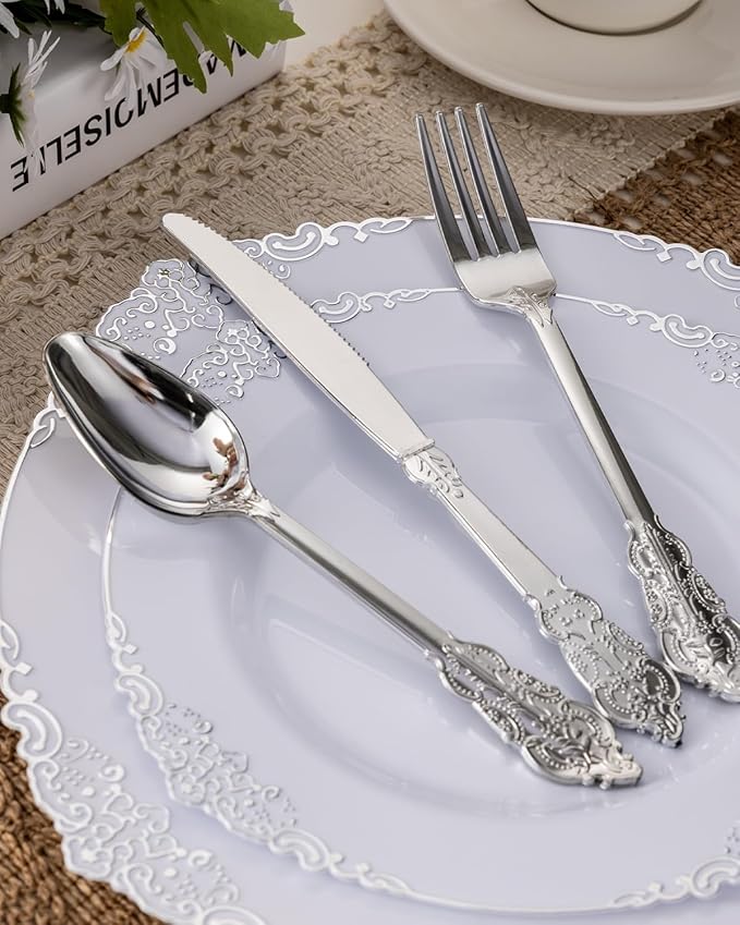 Goodluck 350 Piece Silver Plastic Dinnerware Set - Image 2