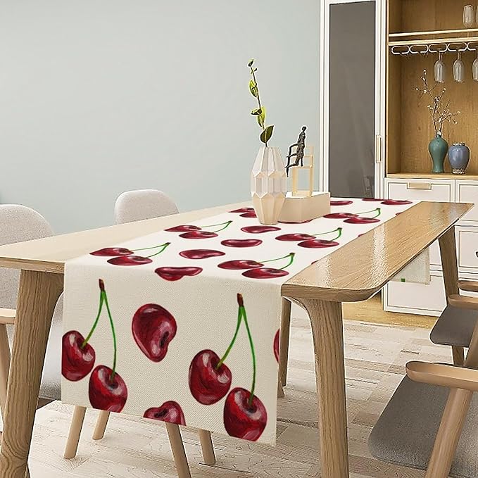 Red Cherry Table Runner Watercolor Spring Summer Wild Berry Tropical Fruit - Image 2