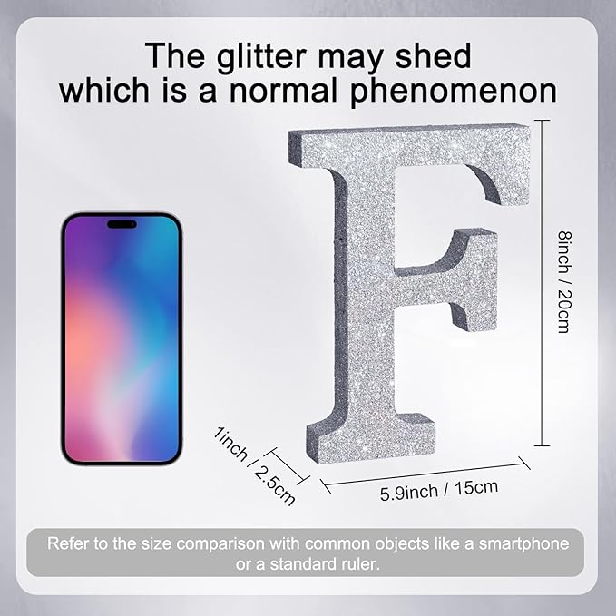 TONIFUL 8 Inch Silver Glitter Letter F Table Centerpiece A-Z Silver Birthday - Image 2