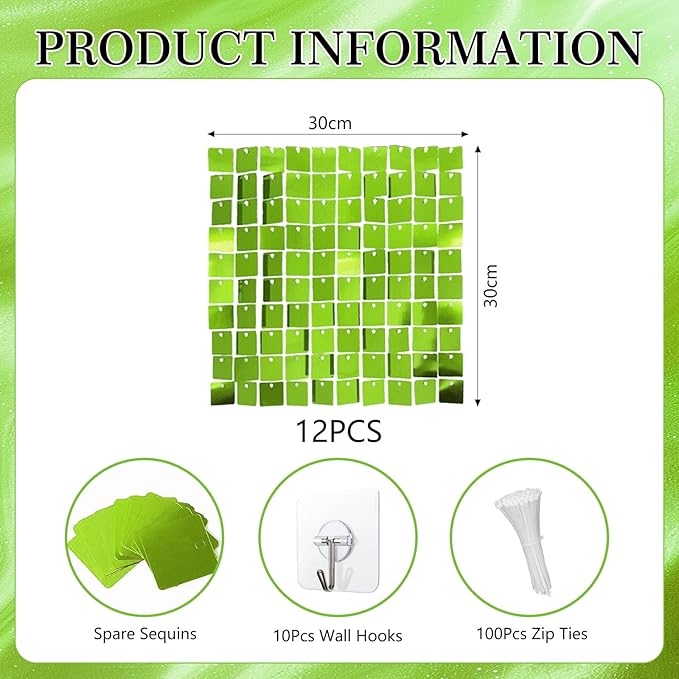 12PCS Green Shimmer Wall Backdrop, Square Sequin Photo Backdrops Panel - Image 2