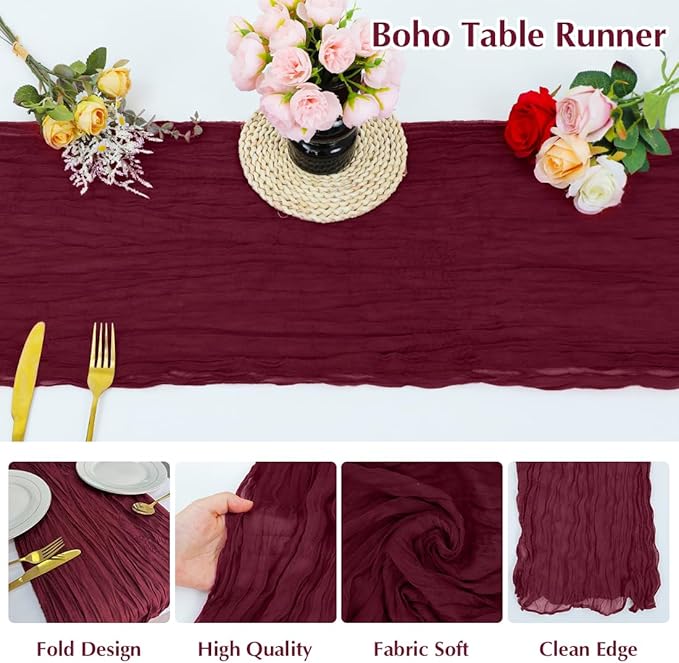 Wine red Cheesecloth Table Runner -21*120Inch Long Boho Wedding Table Decor - Image 3
