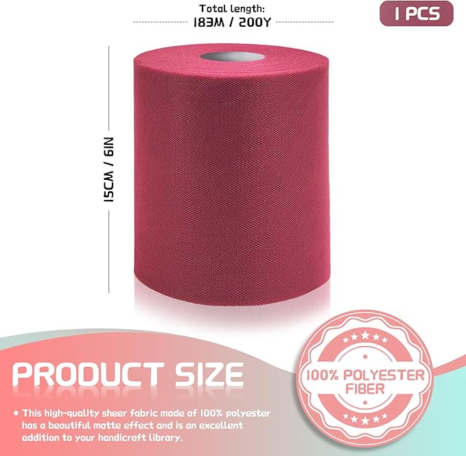 6" x 200 Yards Burgundy Tulle Fabric Rolls, Burgundy Spool Tulle Ribbon - Image 2