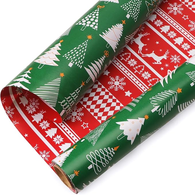 Ribbli Christmas Wrapping Paper Reversible Green Christmas Tree and Red by Ribbli