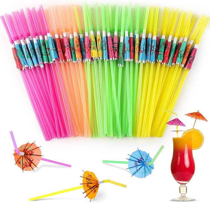 Paxcoo 50pc Umbrella Straws for Cocktails, Tropical Hawaiian Luau Party by PAXCOO