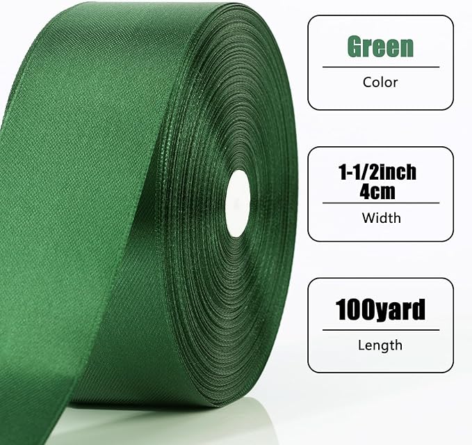 NESCCI 100 Yards Ribbon, 1-1/2 Inch Dark Green Satin Ribbon, Single Face Satin - Image 2