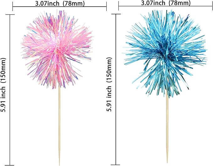 Ephlyn 30Pcs Foil Firework Cupcake Toppers Sparkle Tinsel Cupcake Picks Happy - Image 2