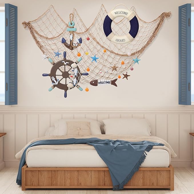 Marsui 11 Pcs Wooden Nautical Wall Decor Fishing Net Decoration, Include - Image 7