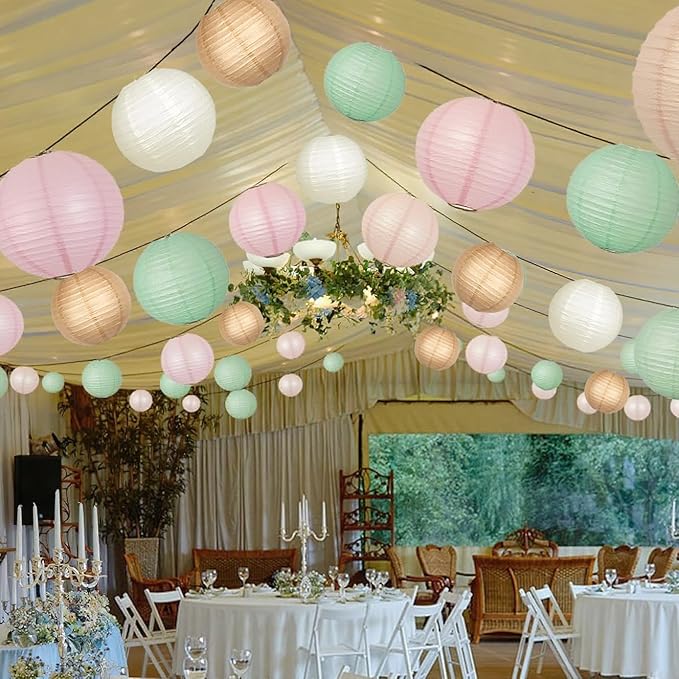 Sage Green Pink Paper Lanterns Decorative 12pcs Wedding Hanging Decorations - Image 7