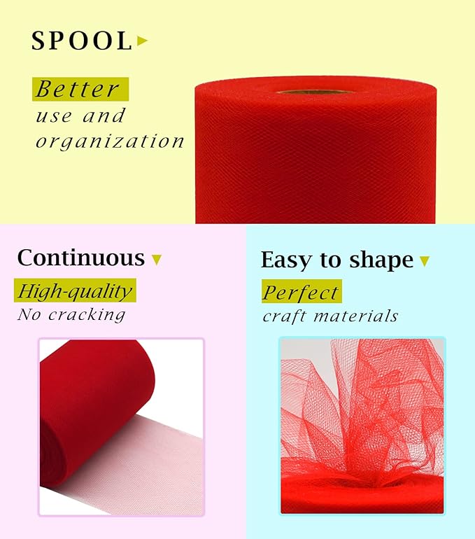 Red Tulle Fabric Roll 6 Inch X 300 FT Matte Tulle Ribbon Netting Mesh Spool - Image 2