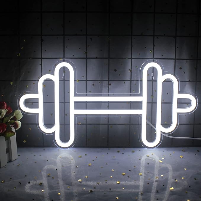 Lucunstar Gym Neon Sign, Barbell Dumbbell Shaped Neon signs White Neon Lights by LUCUNSTAR