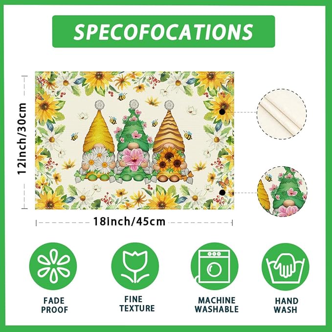 XCHI Daisies Flowers Gnomes Spring Placemats Set of 4 Table Mats Summer - Image 5