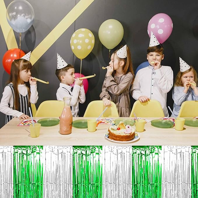 3 Pack Silver Green Foil Fringe Table Skirts Metallic Tinsel Streamers Garland - Image 6