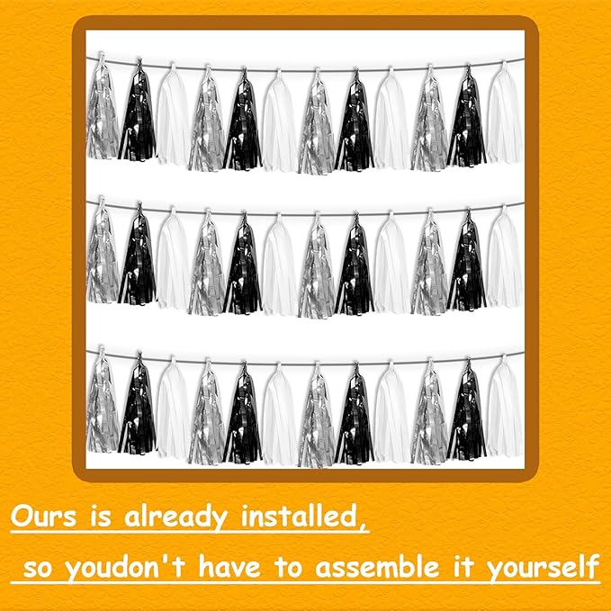 3P Black Silver White Metallic Fringe Tassel Banner Garland Foil Tinsel - Image 3