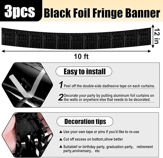 3 Pack 10 Long Black Metallic Foil Fringe Garland Wall Hanging Tassle Banner - Image 2