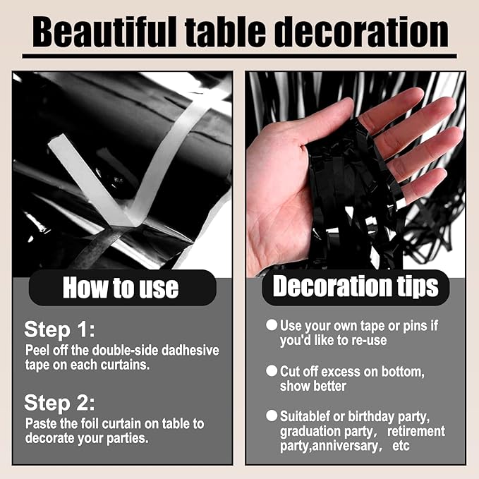 3 Pack 29 x108 Inch Black Foil Fringe Table Skirts Metallic Banner - Image 3