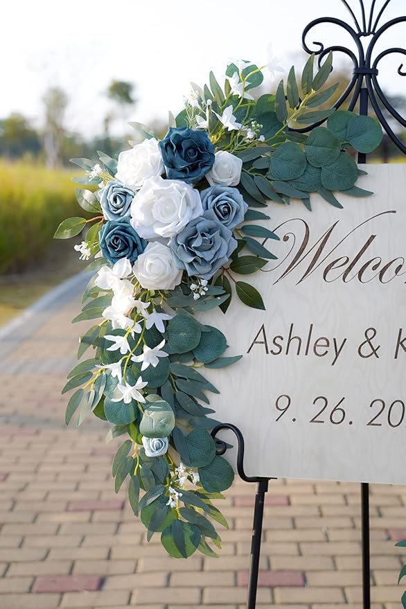 ponatia Wedding Arch Flowers, Artificial Dusty Blue Flowers & Welcome Signs - Image 5