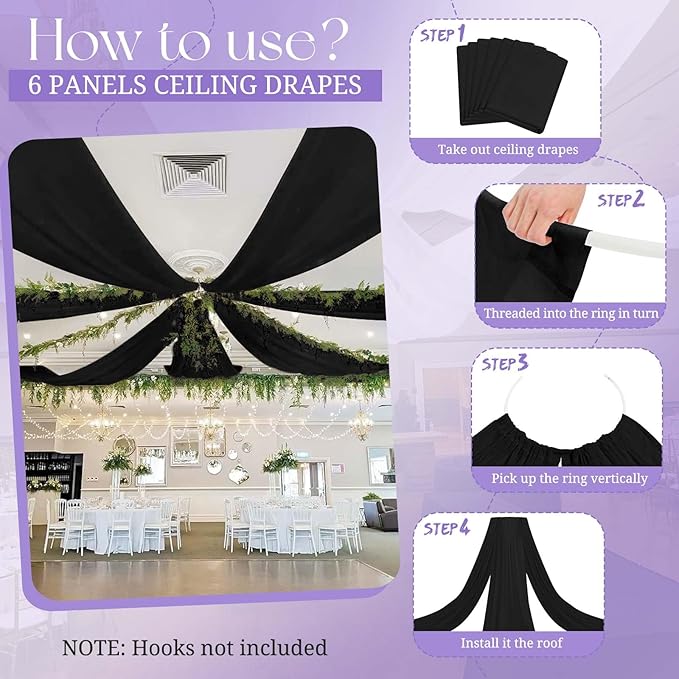 6 Panels Black Ceiling Drapes for Wedding, 5ftx15ft Ceiling Drapes Cheesecloth - Image 9