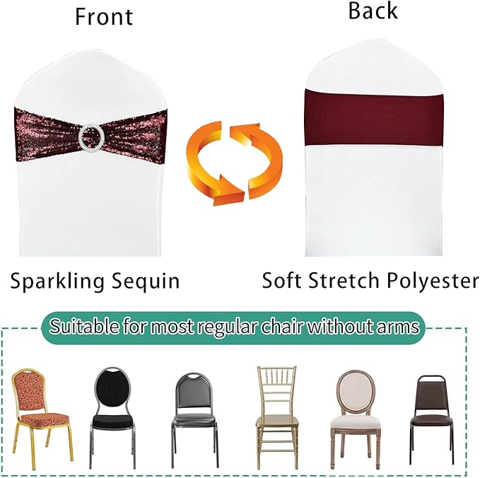10 Pcs Sequin Chair Sashes Stretch Chair Bands Spandex Polyester Bows - Image 3