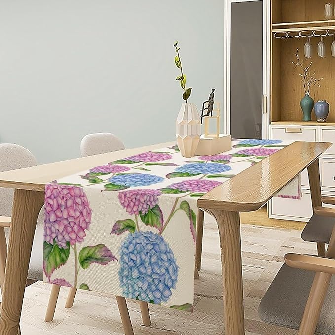Spring Hydrangea Flower Table Runner, Seasonal Summer Plants Watercolor Pink - Image 2