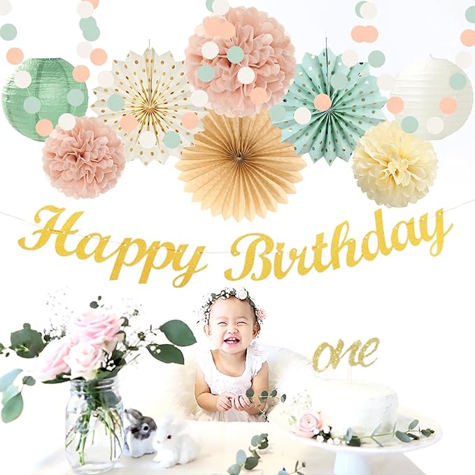 Sage-Green Blush-Pink Beige Birthday Party-Decorations - Image 5