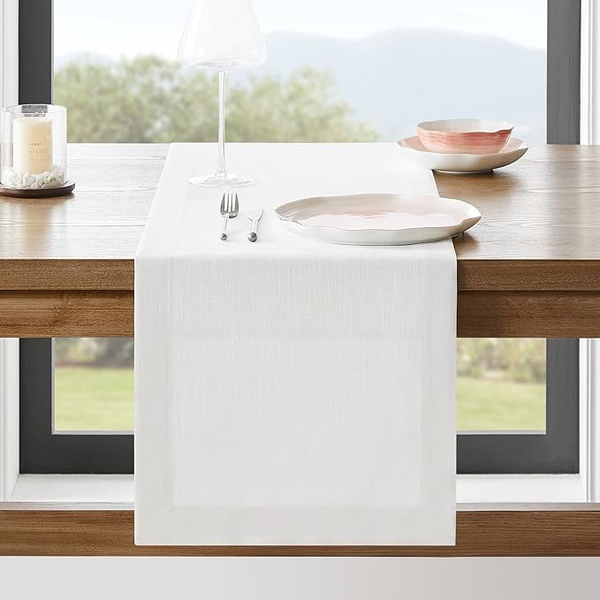 ZeeMart Linen Textured Border Table Runner, 14 x 60 Inch White, Farmhouse Style by ZEEMARTONLINE