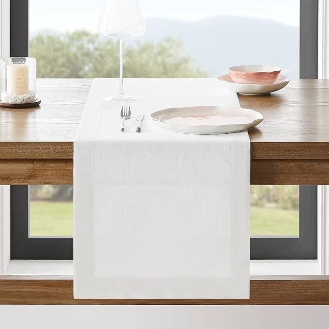ZeeMart Linen Textured Border Table Runner, 14 x 90 Inch White, Farmhouse Style by ZEEMARTONLINE
