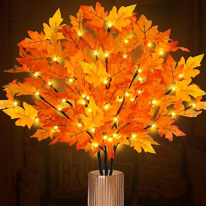 3Pcs 30”Lighted Maple Leaves Branches Stems by Phliofd