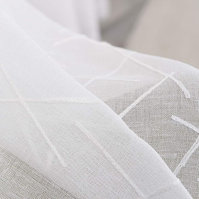 White Sheer Curtains 45 Inch Length, Modern Geometric Embroidery Sheer Rod - Image 4