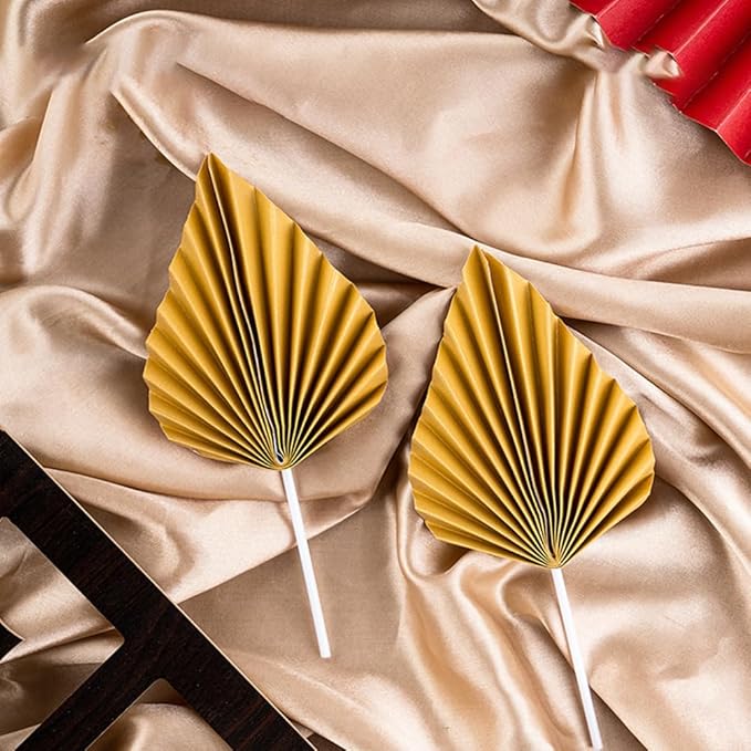 16pcs Golden Tree Leaf Folding Fan Cake Toppers - Image 3