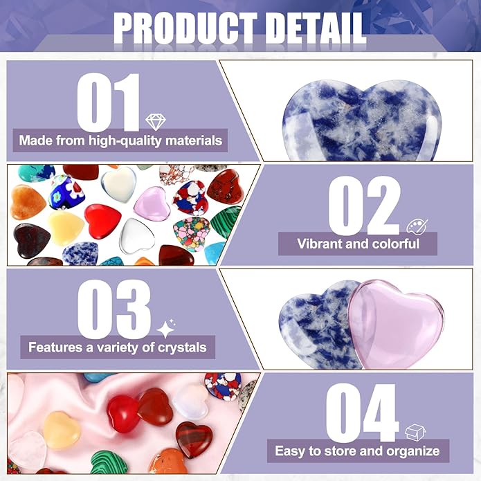 100PCS Worry Stones Heart Shape Healing Crystals, Anxiety Crystal Bulk 0.8 Inch - Image 3