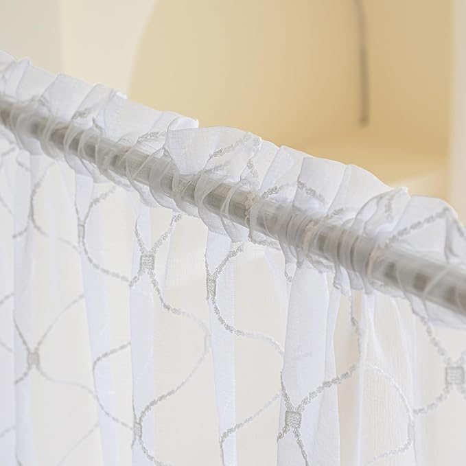 Embroidered Wave Diamond Sheer Curtains White 95 Inches, Window Treatments Rod - Image 3