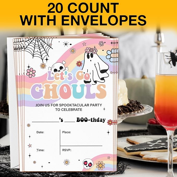 Halloween Birthday Invitations Groovy Rainbow Ghost Halloween Birthday Party - Image 4